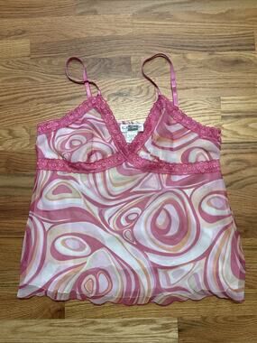E.K. Designs Y2K Funky Swirl Pink Lace Trim Camisole Tank Top Sz XL